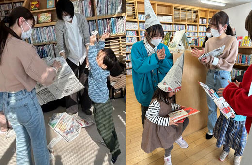 新聞紙工作をする学生と子どもたち